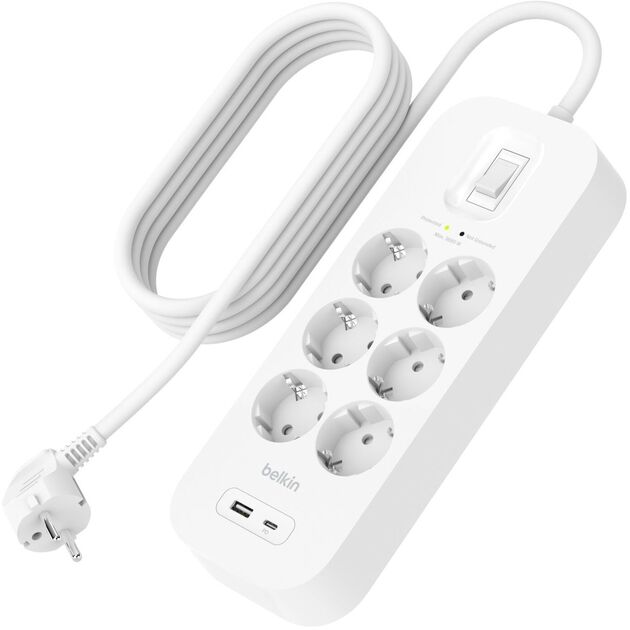 Belkin Подовжувач-фільтр мережевий 6хТип F, 3x1.5мм кв, 16А, USB-A/USB-C 18Вт, з захистом від перенапруги, 2м, білий, фото  | SNABZHENIE.com.ua