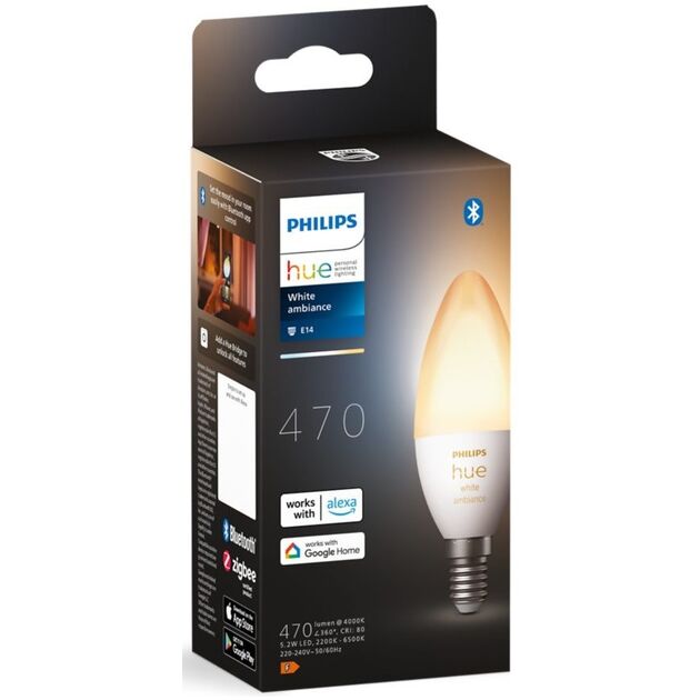 Philips Hue Лампа розумна E14, 5.2W(40Вт), 2200K-6500K, Tunable white, ZigBee, Bluetooth, димування, фото  | SNABZHENIE.com.ua