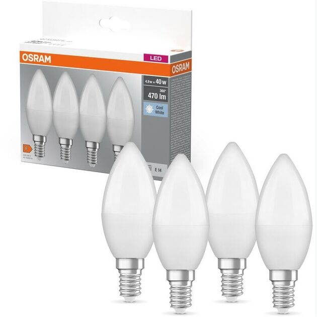 Osram Набір ламп 4шт LED E14 4.9Вт 4000К 470Лм B40, фото , изображение 3 | SNABZHENIE.com.ua Osram Набір ламп 4шт LED E14 4.9Вт 4000К 470Лм B40, фото , изображение 3 | SNABZHENIE.com.ua