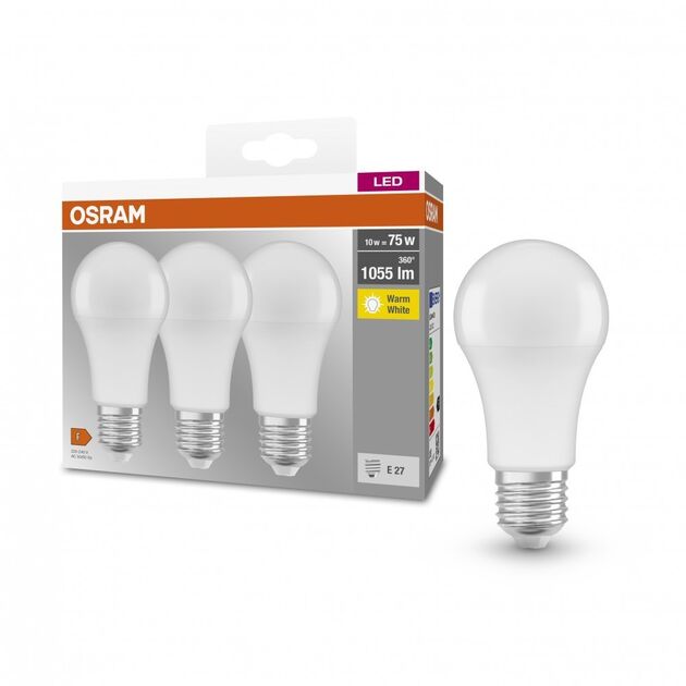 Osram Набір ламп 3шт LED E27 10Вт 2700К 1055Лм A60, фото , изображение 3 | SNABZHENIE.com.ua Osram Набір ламп 3шт LED E27 10Вт 2700К 1055Лм A60, фото , изображение 3 | SNABZHENIE.com.ua