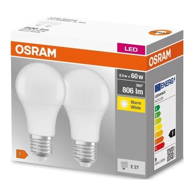 Osram Набір ламп 2шт LED E27 8.5Вт 2700К 806Лм A60, фото  | SNABZHENIE.com.ua
