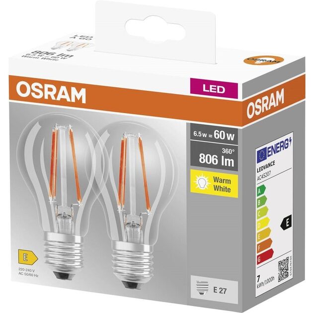 Osram Набір ламп 2шт LED E27 6.5Вт 2700К 806Лм A60, фото  | SNABZHENIE.com.ua