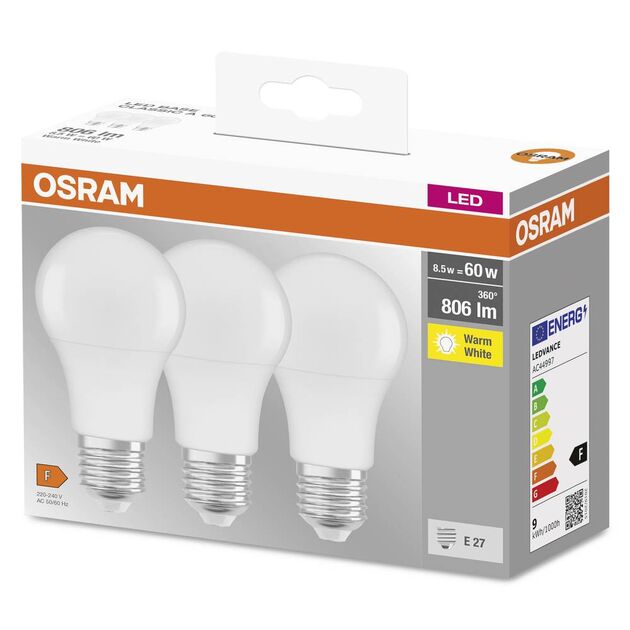 Osram Набір ламп 3шт LED E27 8.5Вт 2700К 806Лм A60, фото , изображение 2 | SNABZHENIE.com.ua Osram Набір ламп 3шт LED E27 8.5Вт 2700К 806Лм A60, фото , изображение 2 | SNABZHENIE.com.ua