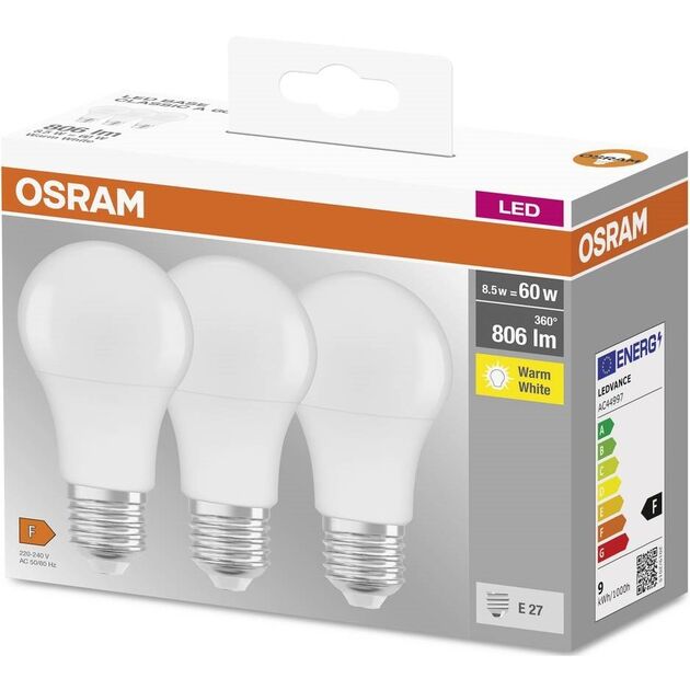Osram Набір ламп 3шт LED E27 8.5Вт 2700К 806Лм A60, фото  | SNABZHENIE.com.ua