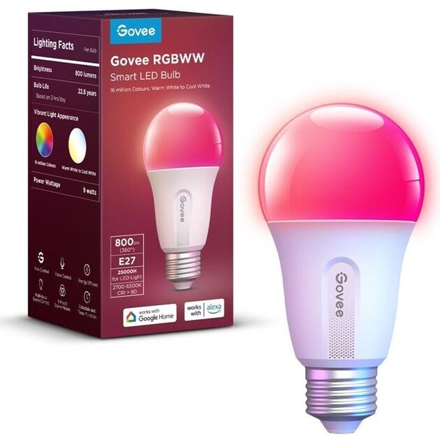 Govee Лампа розумна H6004, E27, 8W, 800Lm, RGB, WI-FI/Bluetooth, білий, фото  | SNABZHENIE.com.ua