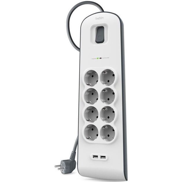 Belkin Подовжувач-фільтр мережевий 8хТип F, 3x1.5мм кв, 16А, 2xUSB-A 2.4A, з захистом від перенапруги, 2м, білий, фото  | SNABZHENIE.com.ua