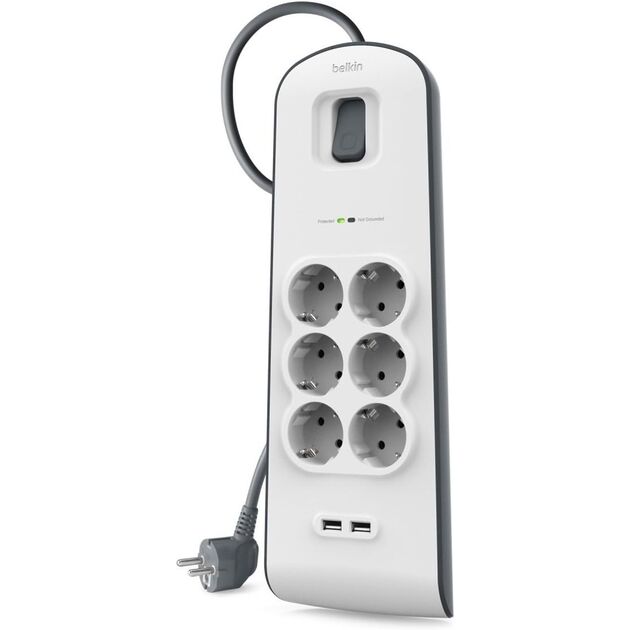 Belkin Подовжувач-фільтр мережевий 6хТип F, 3x1.5мм кв, 16А, 2xUSB-A 2.4A, з захистом від перенапруги, 2м, білий, фото  | SNABZHENIE.com.ua