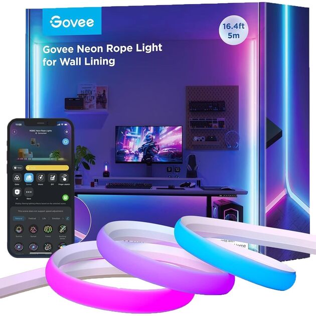 Govee Стрічка світлодіодна розумна Govee H6641 Neon Rope Light for Wall Lining, 5м, RGBIC, WI-FI/Bluetooth, білий, фото  | SNABZHENIE.com.ua