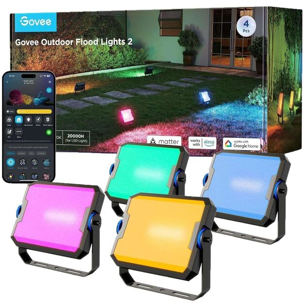 Govee Набір світильників H8057 Outdoor FLood Lights, 4шт, RGBICWW, WI-FI/Bluetooth, чорний, фото  | SNABZHENIE.com.ua