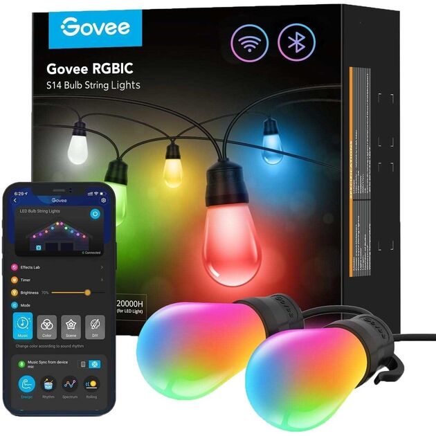 Govee Набір світодіоних ламп H7020 LEB Bulb String Lights, 15м, RGBIC/Warm White, WI-FI/Bluetooth, чорний, фото  | SNABZHENIE.com.ua