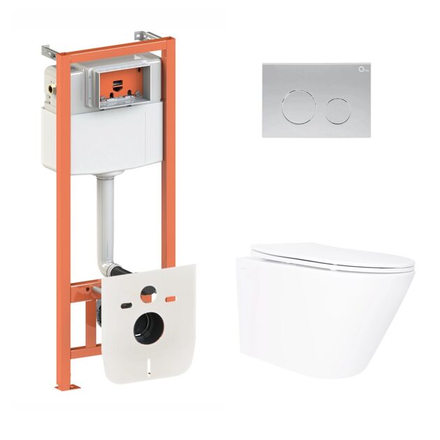 Готовое решение Qtap для ванной комнаты: подвесной унитаз Swan Ultra Quiet 520×360×320 + комплект инсталляции Nest 4 в 1 (круглая клавиша Satin), фото  | SNABZHENIE.com.ua