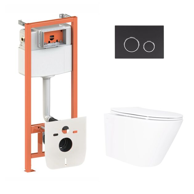 Готовое решение Qtap для ванной комнаты: подвесной унитаз Swan Ultra Quiet 520×360×320 + комплект инсталляции Nest 4 в 1 (круглая клавиша Black mat), фото  | SNABZHENIE.com.ua