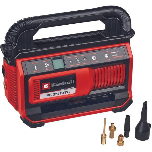 Einhell Компресор автомобільний гібридний PRESSITO 18/25 Hybrid, PXC, 230/18В, 11бар, 25л/хв, вис. і низьк. тиск, можливість всмоктування, шланг 710мм, 2.05кг, (без АКБ и ЗУ), фото  | SNABZHENIE.com.ua