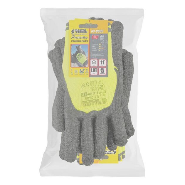 Перчатки акриловые утепленные MASTERTOOL с морщинистым латексным покрытием ¾ 11" 12 пар неоново-черные, фото , изображение 2 | SNABZHENIE.com.ua