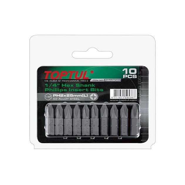Набор бит TOPTUL PH2 1/4" 25 мм, 10 шт. на блистере (FSBA0802G), фото  | SNABZHENIE.com.ua