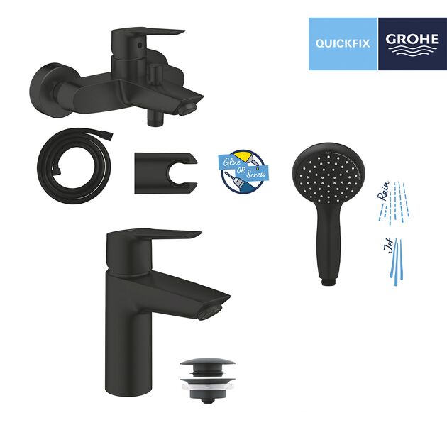 Набор смесителей 3 в 1 для ванной комнаты Grohe QuickFix Start Black UA303301SQ, фото , зображення 10 | SNABZHENIE.com.ua