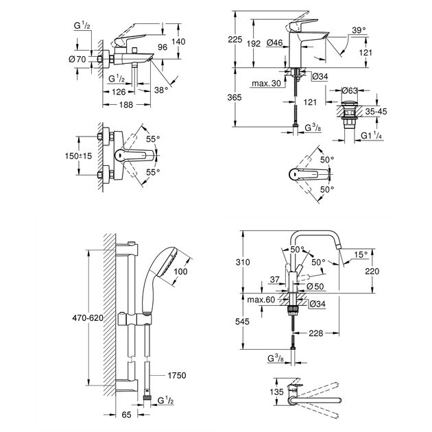 Набор смесителей 4 в 1 для ванной комнаты и кухни Grohe QuickFix Start Black M-Size UA303301MK, фото , зображення 2 | SNABZHENIE.com.ua