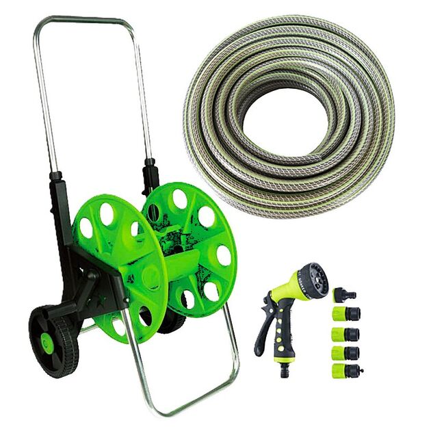 Катушка со шлангом MASTERTOOL ½" 50 м с телескопической ручкой на колесах 92-8800, фото  | SNABZHENIE.com.ua