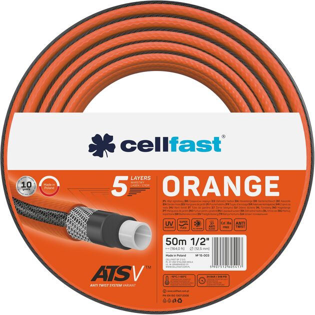Шланг садовий Cellfast ORANGE 1/2' 50м 5 шарів до 24бар -10…50°C, фото  | SNABZHENIE.com.ua