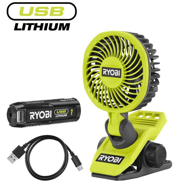 Вентилятор акумуляторний кліпса Ryobi USB Lithium RCF4-120G 4В 2А·год 3800об·хв обертання 325° поворот 180° 2 швидкості 0.29кг, фото  | SNABZHENIE.com.ua