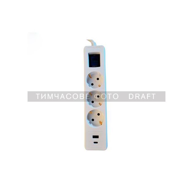Подовжувач-фільтр мережевий 2E 3xТип F, 3x1.5мм кв, 16A, 1xUSB-A, 1xUSB-C, з захистом від перенапруги, 3м, білий, фото  | SNABZHENIE.com.ua