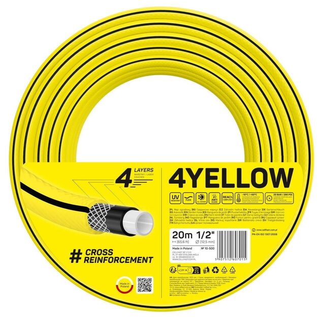 Шланг садовий Cellfast 4YELLOW 1/2" 20м 4 шари до 20бар -10…+50°C, фото  | SNABZHENIE.com.ua