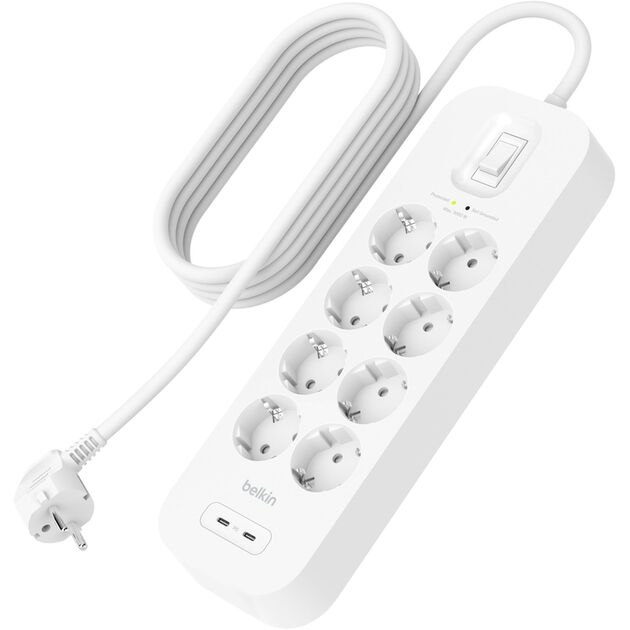 Подовжувач-фільтр мережевий Belkin 8хТип F, 3x1.5мм кв, 16А, USB-C/USB-C 30Вт, з захистом від перенапруги, 2м, білий, фото  | SNABZHENIE.com.ua