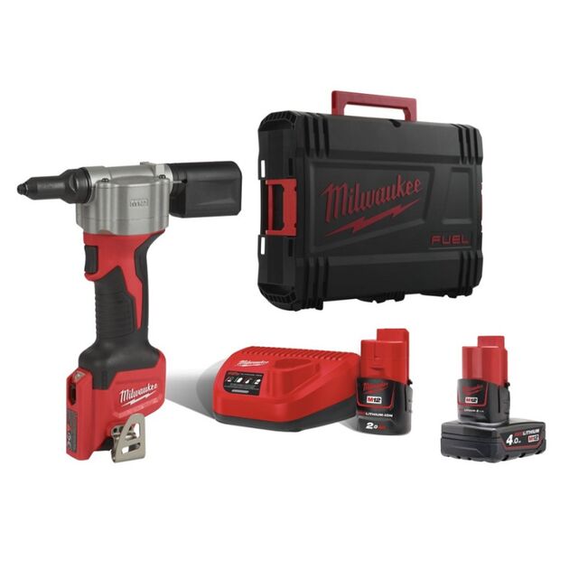 Заклепочник аккумуляторный MILWAUKEE M12 BPRT-422X, Øзакл.2,4-4,8мм (ЗУ+1ак.Х2Ач+1ак.Х4Ач+HDкейс), фото  | SNABZHENIE.com.ua