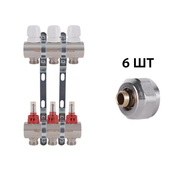 Комплект: Thermo Alliance Standart Коллектор латунный с расходомерами 1"х3 SD235W3 + SD Евроконус 3/4''х16×2 SD346, фото  | SNABZHENIE.com.ua