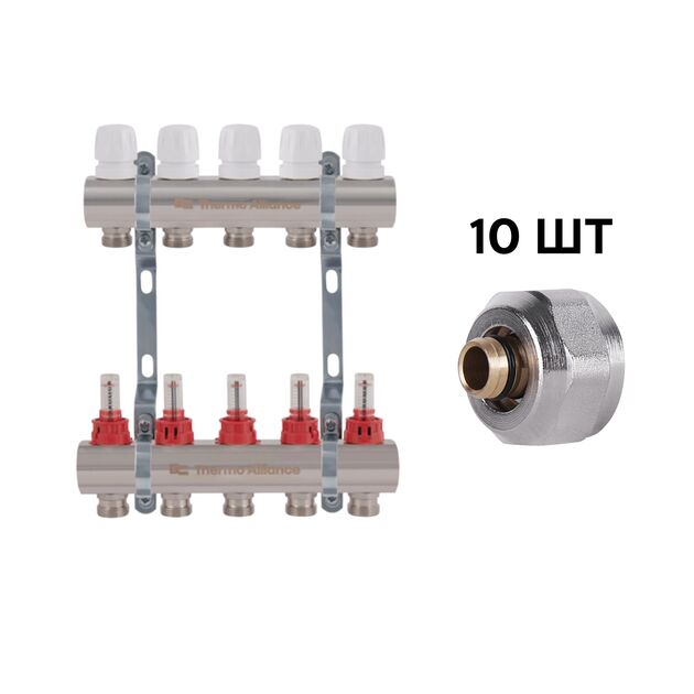 Комплект: Thermo Alliance Standart Коллектор латунный с расходомерами 1"х5 SD235W5 + SD Евроконус 3/4''х16×2 SD346, фото  | SNABZHENIE.com.ua