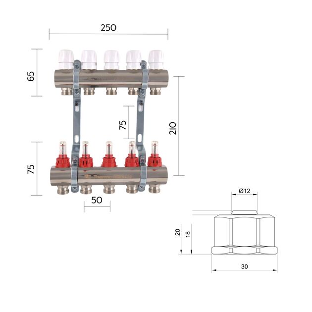 Комплект: Thermo Alliance Standart Коллектор латунный с расходомерами 1"х5 SD235W5 + SD Евроконус 3/4''х16×2 SD346, фото , зображення 2 | SNABZHENIE.com.ua Комплект: Thermo Alliance Standart Коллектор латунный с расходомерами 1"х5 SD235W5 + SD Евроконус 3/4''х16×2 SD346, фото , зображення 2 | SNABZHENIE.com.ua