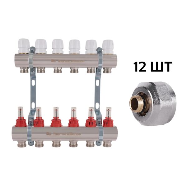 Комплект: Thermo Alliance Standart Коллектор латунный с расходомерами 1"х6 SD235W6 + SD Евроконус 3/4''х16×2 SD346, фото  | SNABZHENIE.com.ua