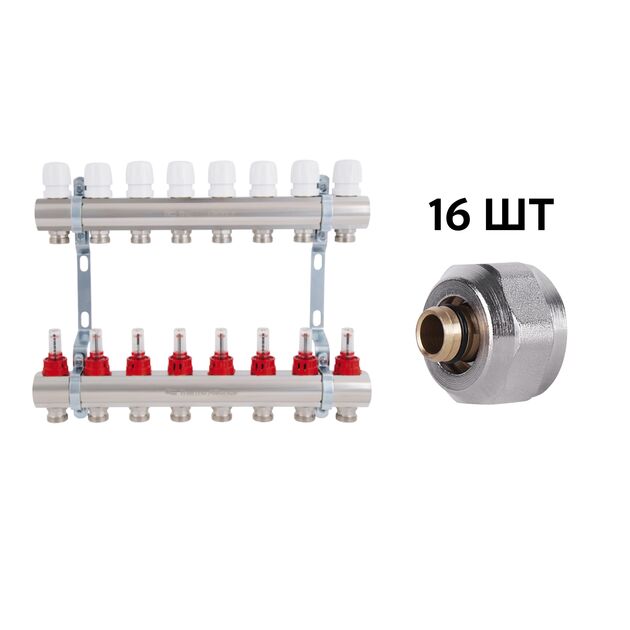 Комплект: Thermo Alliance Standart Коллектор латунный с расходомерами 1"х8 SD235W8 + SD Евроконус 3/4''х16×2 SD346, фото  | SNABZHENIE.com.ua