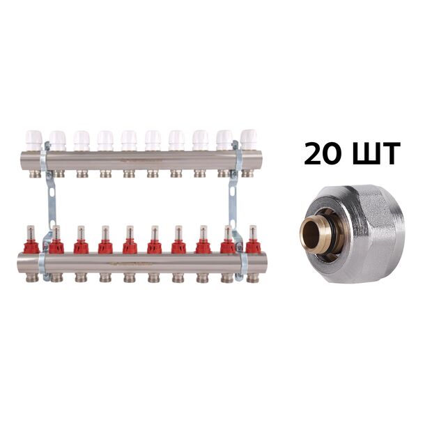 Комплект: Thermo Alliance Standart Коллектор латунный с расходомерами 1"х10 SD235W10 + SD Евроконус 3/4''х16×2 SD346, фото  | SNABZHENIE.com.ua