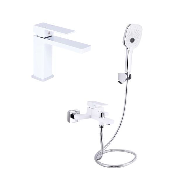 Акционный набор Qtap: Смеситель для раковины QTGEM270CRW45675 Chrome/White + Смеситель для ванны (c душевым гарнитуром) QTGEM259CRW45683 Chrome/White, фото  | SNABZHENIE.com.ua