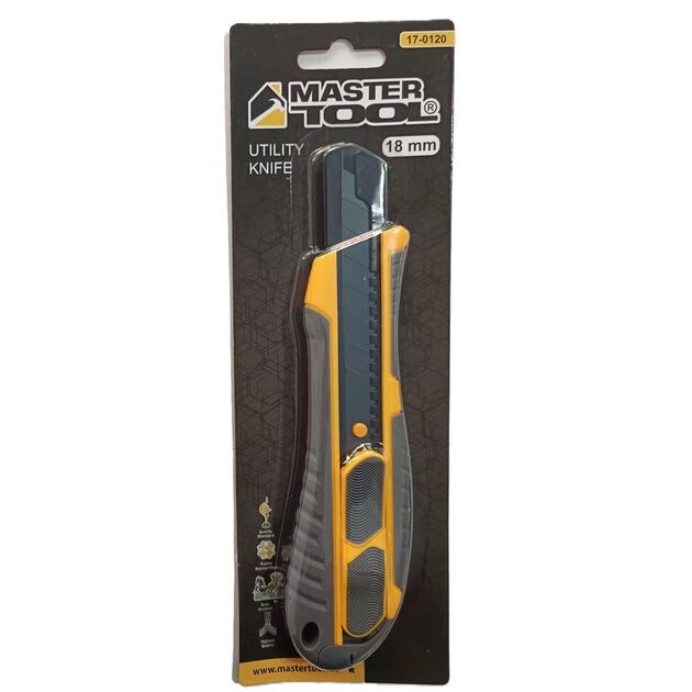 Нож строительный MASTERTOOL с отламываемым лезвием 18 мм ABS пластик с TPR покрытием металлическая направляющая кнопочный, фото , зображення 2 | SNABZHENIE.com.ua Нож строительный MASTERTOOL с отламываемым лезвием 18 мм ABS пластик с TPR покрытием металлическая направляющая кнопочный, фото , зображення 2 | SNABZHENIE.com.ua