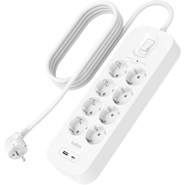 Подовжувач-фільтр мережевий Belkin 8хТип F, 3x1.5мм кв, 16А, USB-A/USB-C 18Вт, з захистом від перенапруги, 2м, білий, фото  | SNABZHENIE.com.ua Подовжувач-фільтр мережевий Belkin 8хТип F, 3x1.5мм кв, 16А, USB-A/USB-C 18Вт, з захистом від перенапруги, 2м, білий, фото  | SNABZHENIE.com.ua
