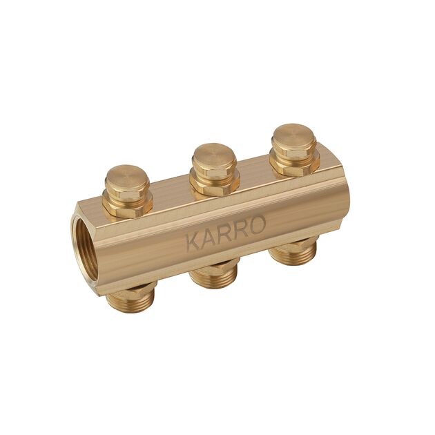 Колектор регулюючий Karro на 3 виходи 1х3/4 з відсічним вентилем, латунний KR-1012U, фото  | SNABZHENIE.com.ua Колектор регулюючий Karro на 3 виходи 1х3/4 з відсічним вентилем, латунний KR-1012U, фото  | SNABZHENIE.com.ua