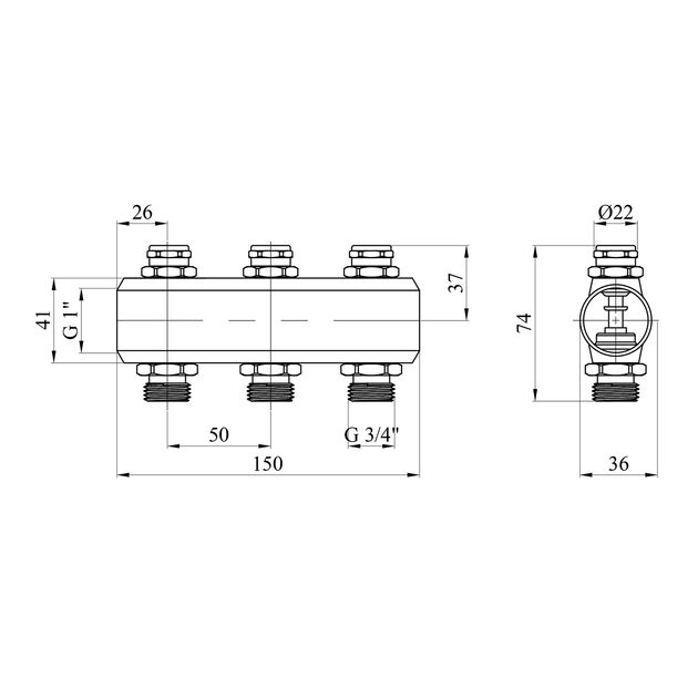 Колектор регулюючий Karro на 3 виходи 1х3/4 з відсічним вентилем, латунний KR-1012U, фото , зображення 2 | SNABZHENIE.com.ua Колектор регулюючий Karro на 3 виходи 1х3/4 з відсічним вентилем, латунний KR-1012U, фото , зображення 2 | SNABZHENIE.com.ua