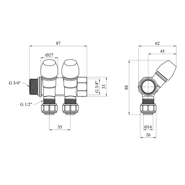 Колектор з перекриттям Karro Super на 2 виходи 3/4 x16 ВН нікельований KR-17021, фото , зображення 2 | SNABZHENIE.com.ua Колектор з перекриттям Karro Super на 2 виходи 3/4 x16 ВН нікельований KR-17021, фото , зображення 2 | SNABZHENIE.com.ua