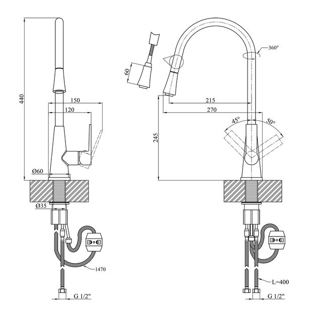 Смеситель для кухни Kroner KRM - 11-013F с выдвижным изливом, фото , изображение 2 | SNABZHENIE.com.ua