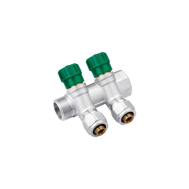 Коллектор Karro 2 выхода 3/4" x 16 ВН никелированный KR-17020, фото  | SNABZHENIE.com.ua Коллектор Karro 2 выхода 3/4" x 16 ВН никелированный KR-17020, фото  | SNABZHENIE.com.ua