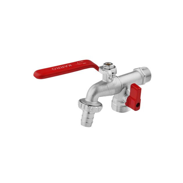 Кран для полива 2 выхода Karro 1/2x3/4 латунь+никель PN40 KR-12014, фото  | SNABZHENIE.com.ua Кран для полива 2 выхода Karro 1/2x3/4 латунь+никель PN40 KR-12014, фото  | SNABZHENIE.com.ua