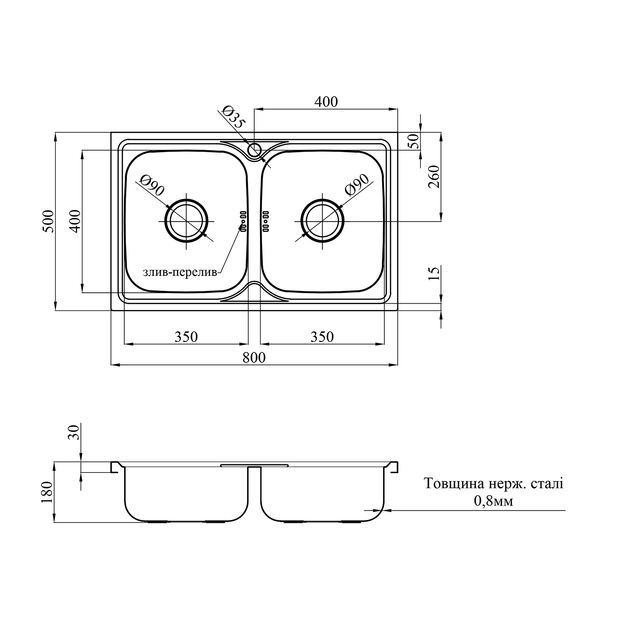 Кухонная мойка Kroner KRP Satin - 5080Z (0,8 мм), фото , изображение 2 | SNABZHENIE.com.ua