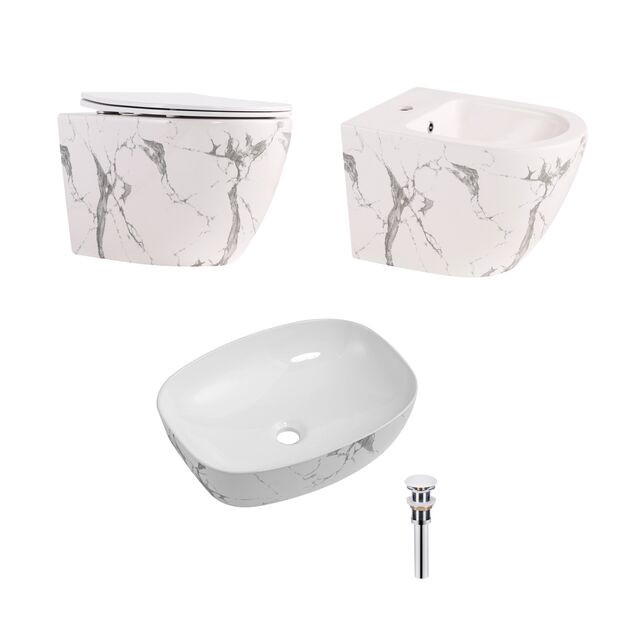 Qtap Комплект Robin Marble 3 в 1: унитаз подвесной Ultra Quiet  + биде подвесное + раковина накладная QTROBMR49160, фото  | SNABZHENIE.com.ua Qtap Комплект Robin Marble 3 в 1: унитаз подвесной Ultra Quiet  + биде подвесное + раковина накладная QTROBMR49160, фото  | SNABZHENIE.com.ua