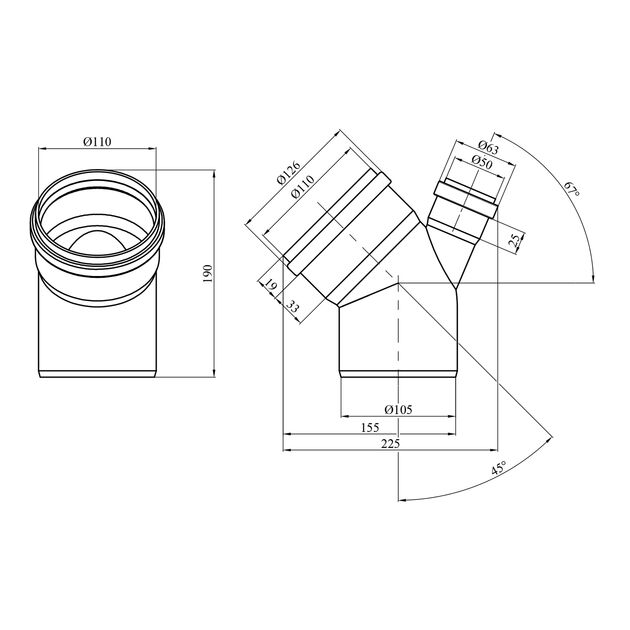Колено Rozma 110х45° с отводом 50х67° для внутренней канализации, фото , изображение 2 | SNABZHENIE.com.ua
