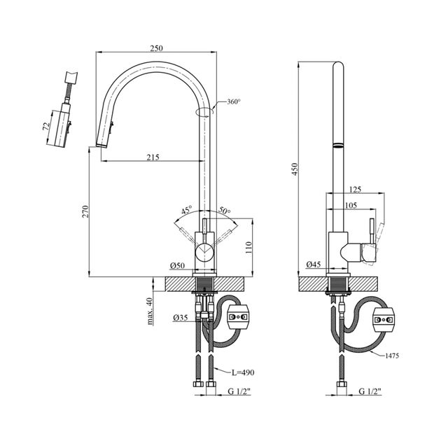 Смеситель кухонный с выдвижным изливом Kroner KRP Edelstahl, фото , изображение 2 | SNABZHENIE.com.ua