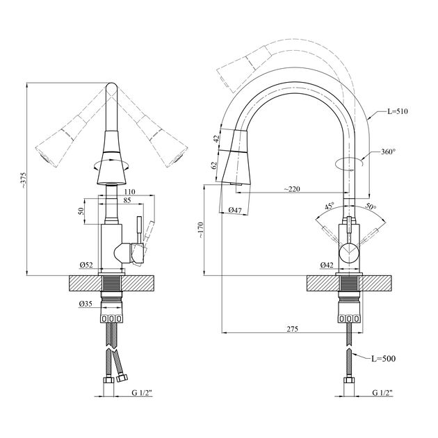 Смеситель для кухни Kroner KRP Edelstahl Klassisch - ESG031BLK, фото , изображение 2 | SNABZHENIE.com.ua