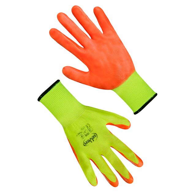 Рукавички синтетичні салатові з помаранчевим нітриловим покриттям  10 (69390), фото  | SNABZHENIE.com.ua
