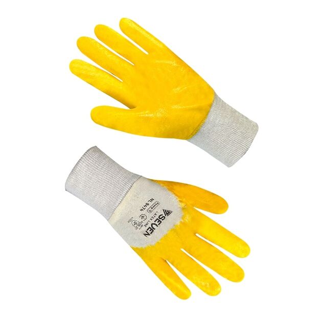 Рукавички бавовняні білі з жовтим нітриловим покриттям 3/4 69474  10 (69474), фото  | SNABZHENIE.com.ua